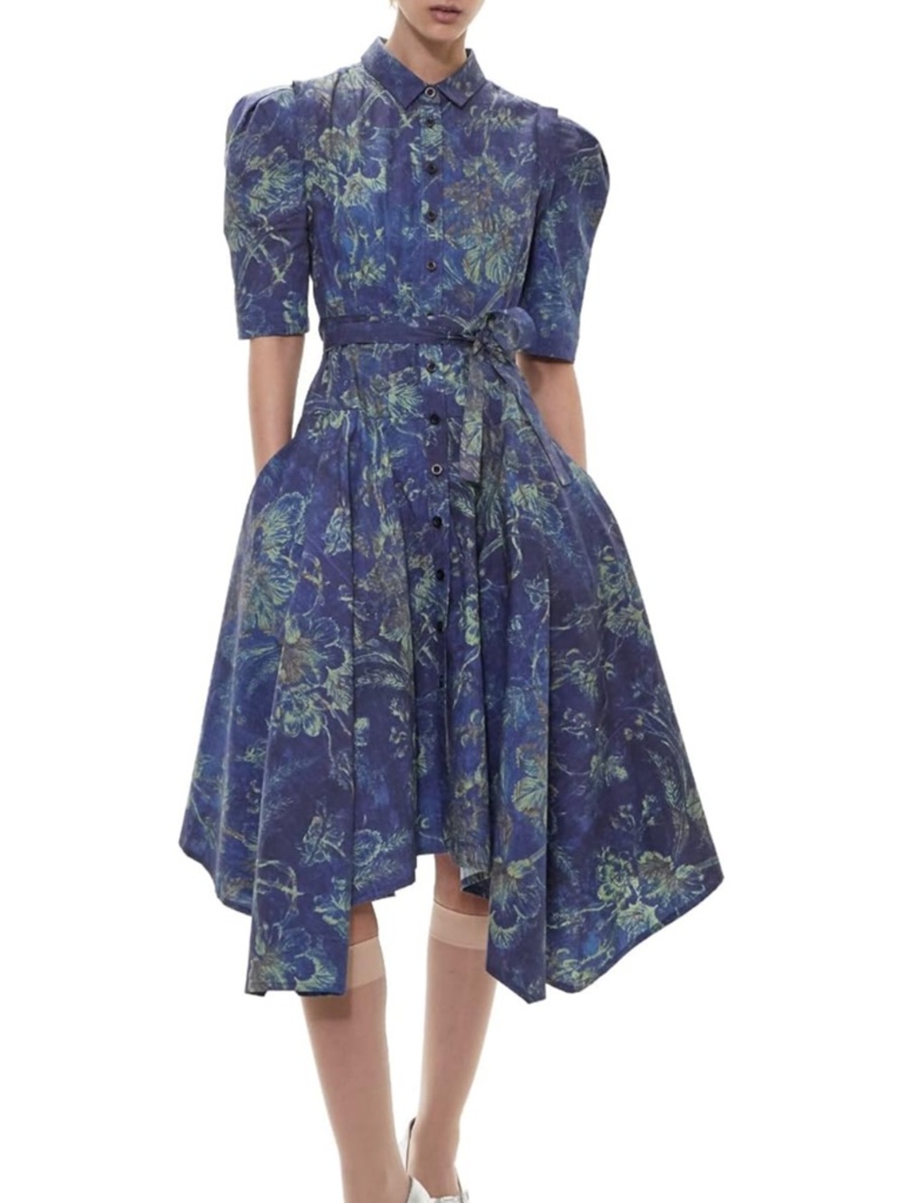 Blue Floral High-Low Shirtwaist Dress with Self-Tie Waist